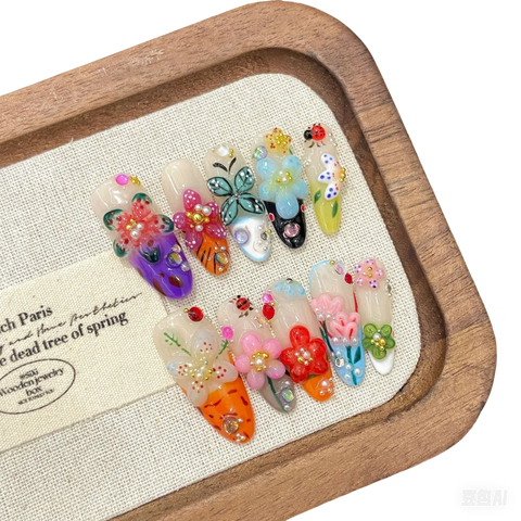 10pcs Creative Summer False Nails Handmade 3D Colorful Flower Insect Designs Press On Nails Y2k French Style Spring Fake Nail