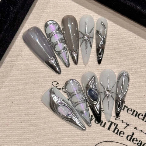 10pcs Punk Style Press On Nails Handmade Long Stiletto Y2k Fake Nail Tips Glossy Grey Fake Nail Patches With Metal Stripe Decor