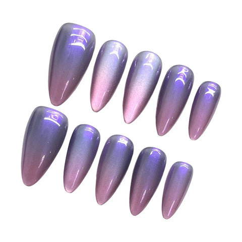 10pcs Glossy Cat's Eye Press On Nails Nude Purple Color Wearable Almond Handmade False Nails Daily Party Manicure For Women