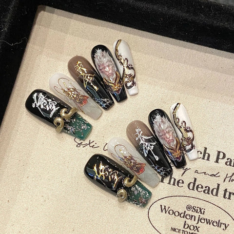 10pcs Black French Style Press On Nails Handmade Full Flash Rhinestone Decor False Nails Light Luxury Fake Nail For Hot Girls