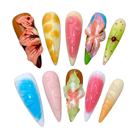 10pcs Tropical Flower Handmade Press On Nails Colorful Blossom Summer Day Dopamine False Nails Long Stiletto Sweet Cool Manicure