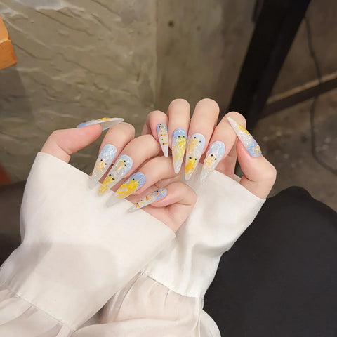 10pcs Long stiletto Press On Nails Gradient Blue Yellow Cat's Eye Handmade False Nails Hand Painted Goldfish Designs Fake Nail
