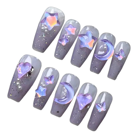 10pcs Detachable Press on Nails Sugar Cream Sparkling Handmade Fake Nails Glossy Purple False Nail Tips With 3D Moon Star Design