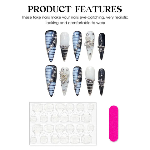 10pcs Handmade Press On Nails Autora Blue Long Stiletto Fake Nail Tips French Style Alligator Print Diamond Decor False Nails