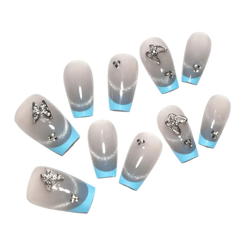 10pcs Blue Edge French Tips Press On Nails Handmade Grey Cat's Eye False Nail With Metal Butterfly Decor Short Reusable Manicure