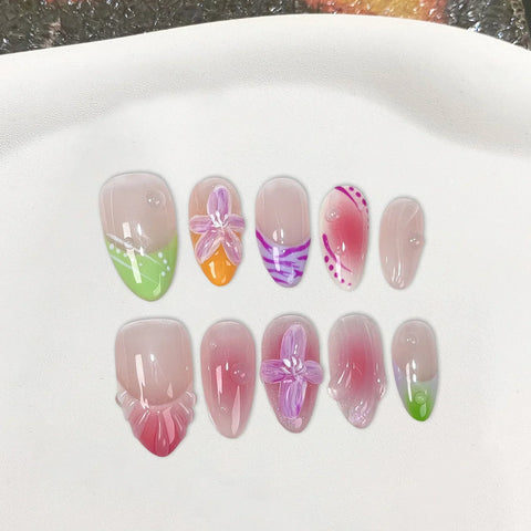 10pcs Blush Pink Press On Nails Handmade 3D Flower False Nail Patches Reusable French Style Glossy Almond Fake Nail Tips Art