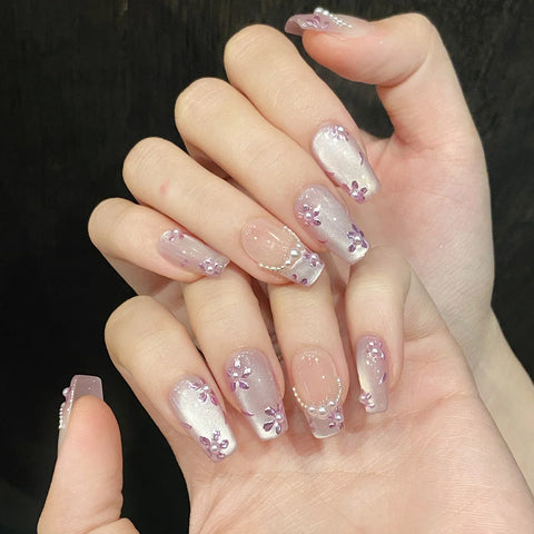 10pcs Handmade Press On Nails Light Purple French Style Cat's Eye False Nails Gentle Flower Designs Wearable Fake Nail Tips