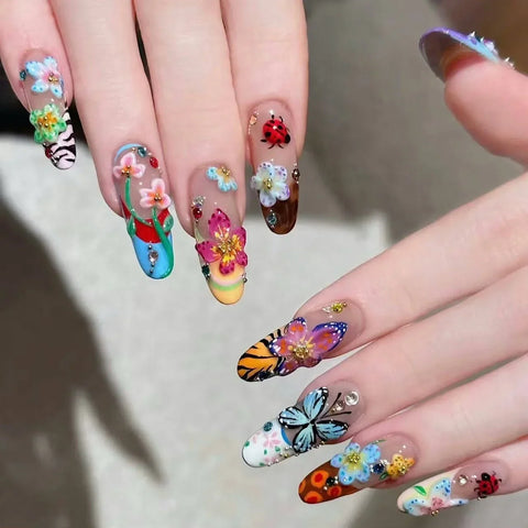 10pcs Creative Summer False Nails Handmade 3D Colorful Flower Insect Designs Press On Nails Y2k French Style Spring Fake Nail