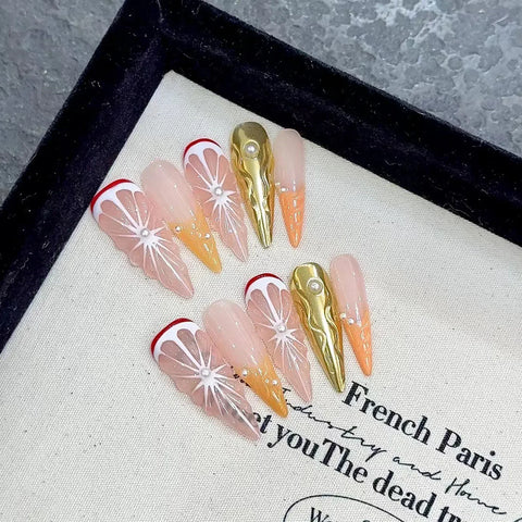 10pcs Handmade Press On Nails 3D Simulation Sweet Orange Designs False Nail Patches Reusable Long Stiletto Fake Nails Salon Art