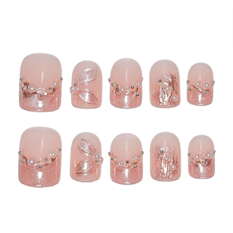10pcs Short Round Head Handmade False Nails Pink French Style Cat's Eye Press On Nails With Pearl Rhinestone Designs Fake Nail