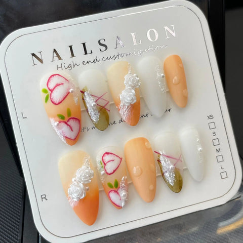 10pcs Sweet Short Oval Fake Nail Patches Hand-painted 3D Pink Strawberry Flower Press On Nails Spring Summer Fresh Handmade Nail