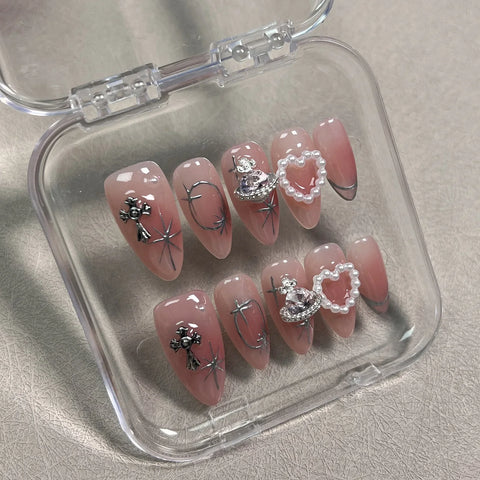 10pcs Blush Pink Fake Nail Patches Handmade Pearl Love Heart Press On Nails Planet Cross Designs Detachable Almond