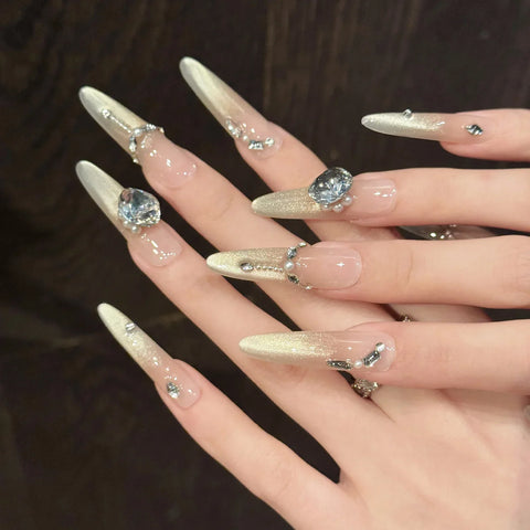 10pcs Long Ballet Press On Nails Glitter Champagne Gold French Blush Cat's Eye Handmade Fake Nails Flash Diamond False Nail Tips