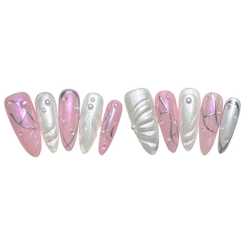10pcs Long Almond Press On Nails Handmade Pink White Cat's Eye False Nail Tips Pearl Designs Sweet Wearable Fake Nail Patches