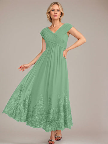A-line V-Neck Ankle-Length Chiffon Mother of the Bride Dress With Applique Sequins