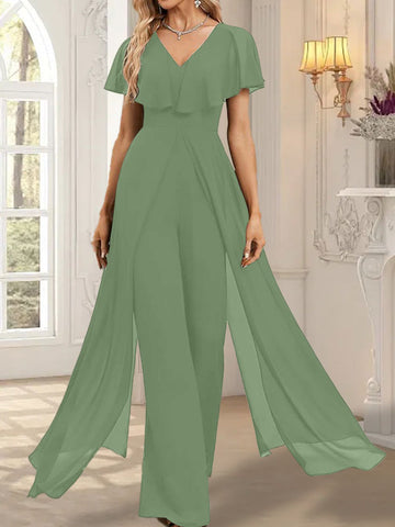 Jumpsuit/Hosenanzug V-Ausschnitt Bodenlanges Chiffon Abendkleid