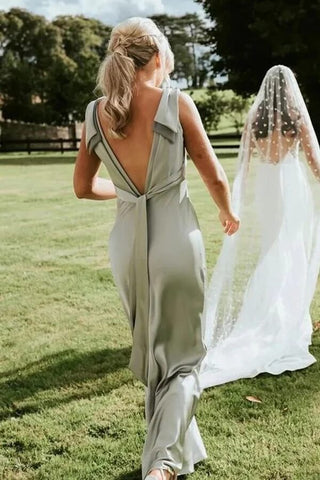 Sage Green Sheath V-neck Long Bridesmaid Dresses With Bow Tie