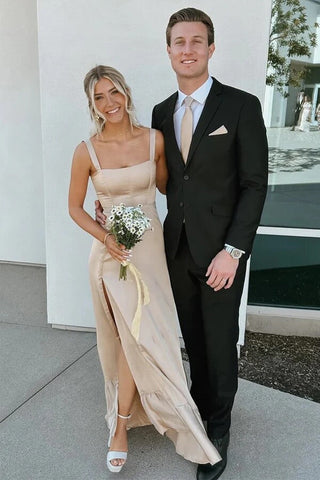 Satin A-Line Spaghetti Straps Lace Up Long Bridesmaid Dress With Slit