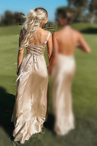 Satin A-Line Spaghetti Straps Lace Up Long Bridesmaid Dress With Slit