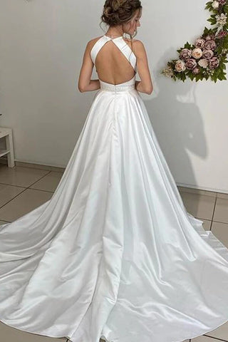 Satin A-line Halter Backless Wedding Dress, Bridal Gown With Beaded Belt