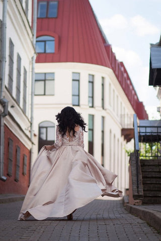 Satin A-line Illusion Long Sleeves Wedding Dresses With Lace Appliques