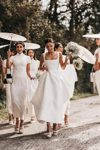 Satin A-line Square Neck Modest Wedding Dresses, Wedding Gown