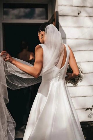 Satin A-line Square Neck Modest Wedding Dresses, Wedding Gown