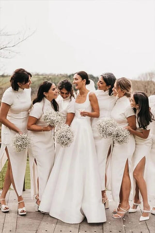 Satin A-line Square Neck Modest Wedding Dresses, Wedding Gown