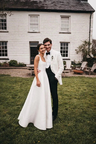 Satin A-line Square Neck Modest Wedding Dresses, Wedding Gown