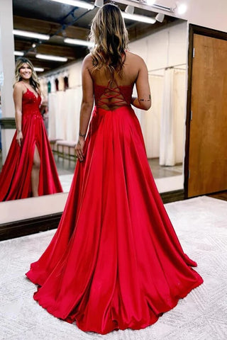 Satin A-Linie V-Ausschnitt Spaghettiträger Ballkleider mit Schlitz, Partykleid