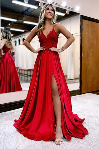 Satin A-Linie V-Ausschnitt Spaghettiträger Ballkleider mit Schlitz, Partykleid