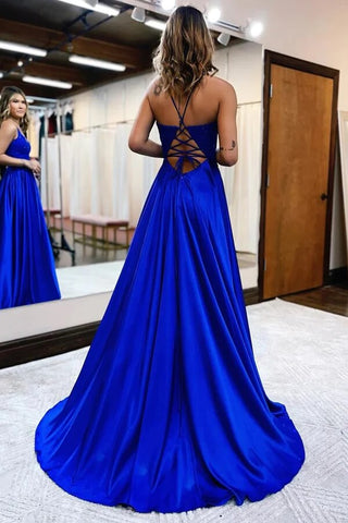 Satin A-Linie V-Ausschnitt Spaghettiträger Ballkleider mit Schlitz, Partykleid