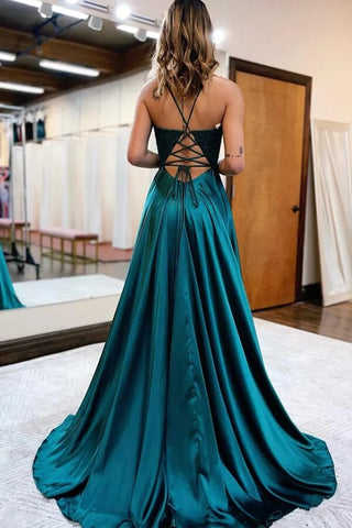 Satin A-Linie V-Ausschnitt Spaghettiträger Ballkleider mit Schlitz, Partykleid