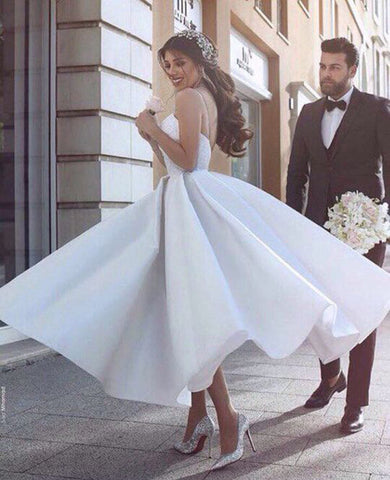 Satin A-line V-neck Spaghetti Straps Short Wedding Dresses with Appliques