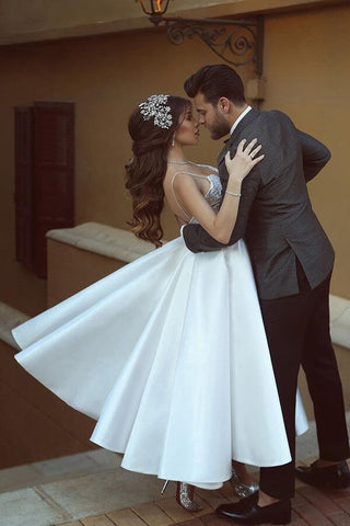 Satin A-line V-neck Spaghetti Straps Short Wedding Dresses with Appliques