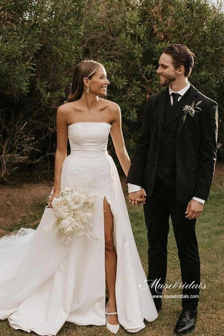 Satin Ballkleid Perlenbesetztes trägerloses schlichtes Hochzeitskleid mit Seitenschlitz