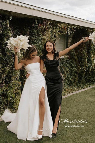 Satin Ballkleid Perlenbesetztes trägerloses schlichtes Hochzeitskleid mit Seitenschlitz