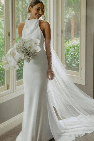 Satin Mermaid Halter Neck Backless Modest Simple Wedding Dresses