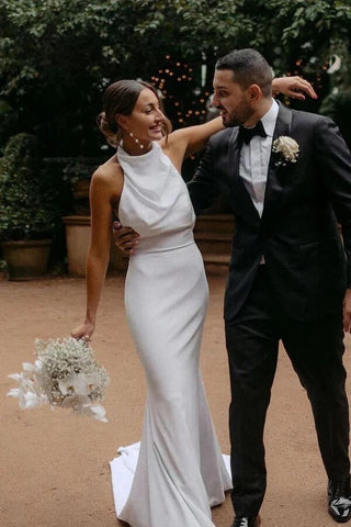 Satin Mermaid Halter Neck Backless Modest Simple Wedding Dresses