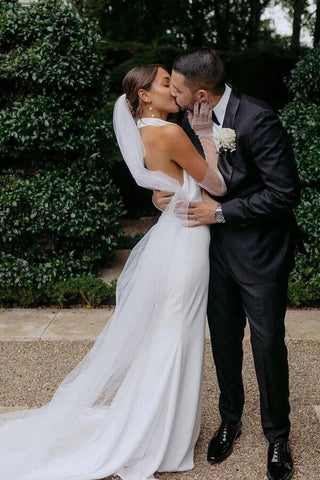 Satin Mermaid Halter Neck Backless Modest Simple Wedding Dresses