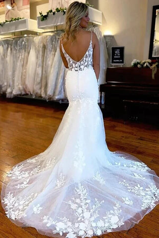 Satin Mermaid Lace Appliques Wedding Dresses With Slit, Bridal Gowns