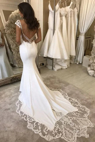 Satin Mermaid Lace V-neck Cap Sleeves Wedding Dresses With Appliques