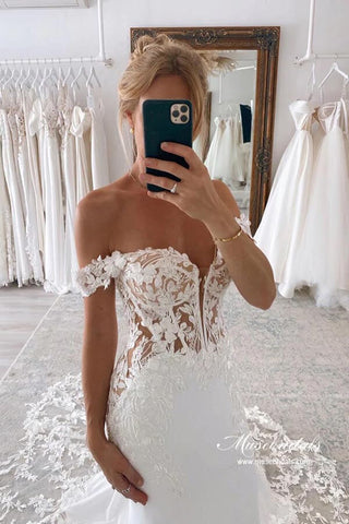 Satin Mermaid Off-the-Shoulder Wedding Dresses With Lace Appliques