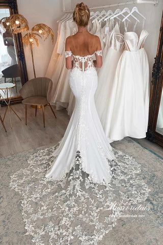 Satin Mermaid Off-the-Shoulder Wedding Dresses With Lace Appliques