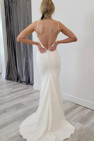 Satin Mermaid Scoop Neck Open Back Wedding Dresses, Bridal Gowns
