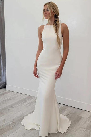Satin Mermaid Scoop Neck Open Back Wedding Dresses, Bridal Gowns