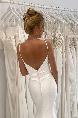 Satin Mermaid Spaghetti Straps Pleated Wedding Dresses, Bridal Gown