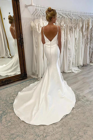 Satin Mermaid Spaghetti Straps Pleated Wedding Dresses, Bridal Gown