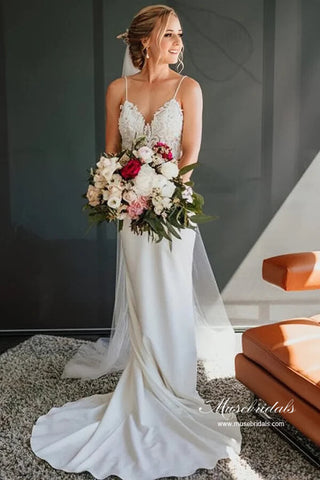 Satin Mermaid V-neck Spaghetti Straps Backless Lace Wedding Dress