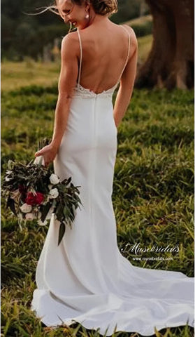 Satin Mermaid V-neck Spaghetti Straps Backless Lace Wedding Dress